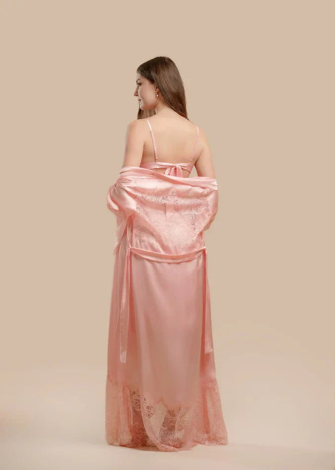 Long Satin & Lace Nightdress & Robe Set - Pink