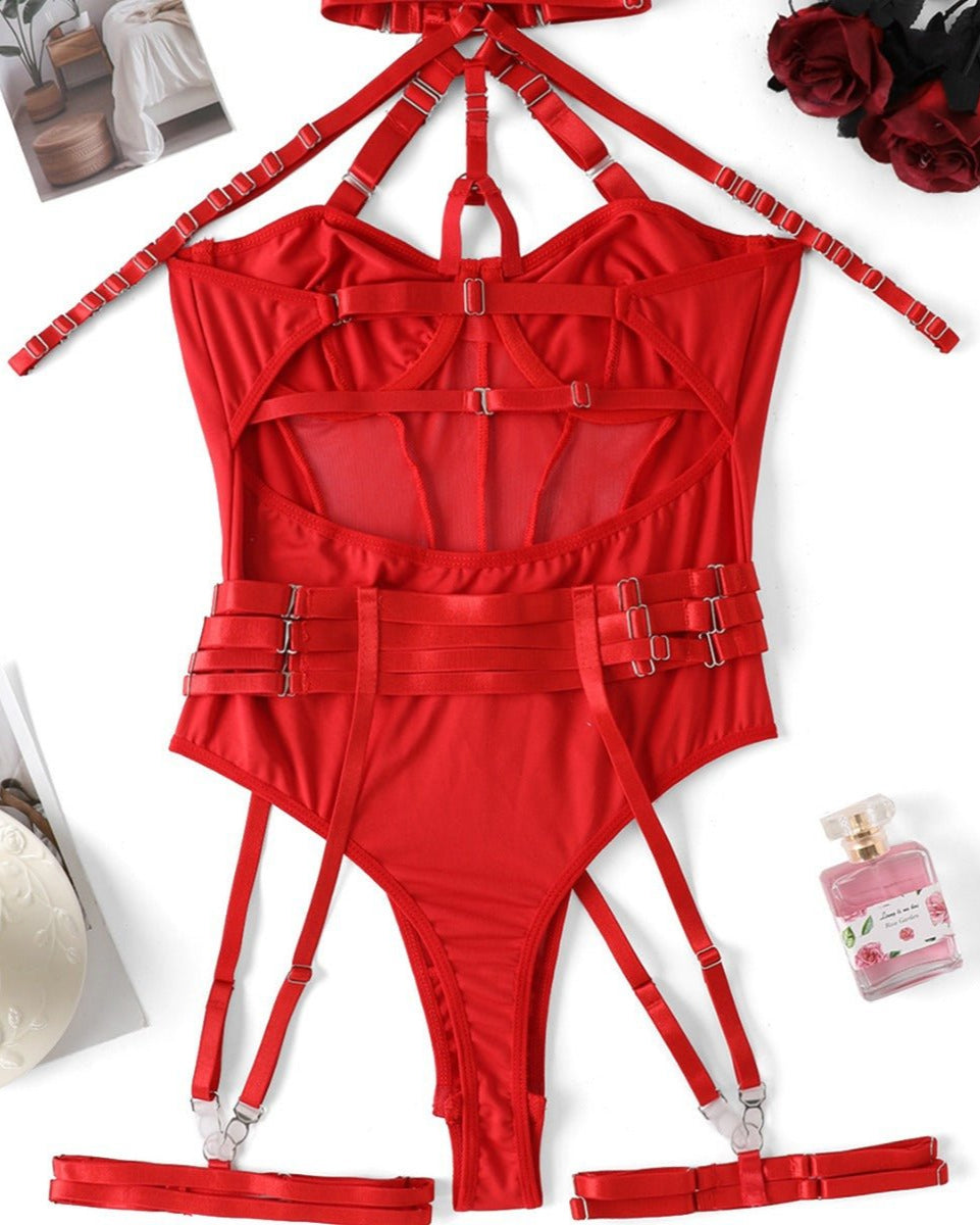 Choke Me Chic Mesh Bondage-Inspired Teddy Lingerie Set