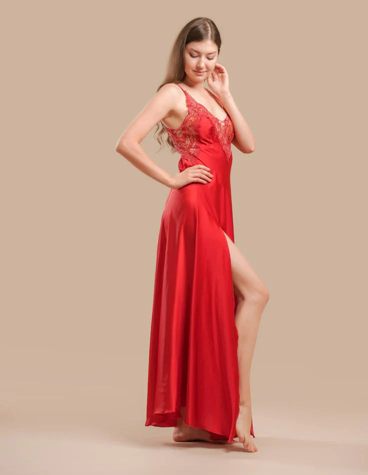 Long Night Dress Satin & Lace - Red